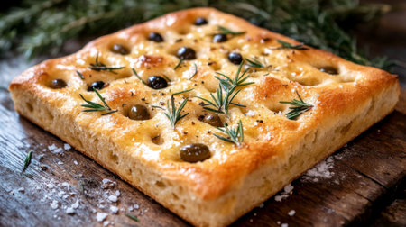 A delicious focaccia bread topped with olives and rosemary, showcasing a golden crust and flavorful texture, perfect for any meal or snack.の素材