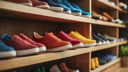 A vibrant display of colorful sneakers arranged neatly on wooden shelves inside a retail store, showcasing various styles and a modern shopping atmosphere.の素材