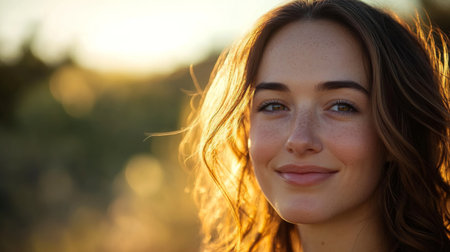 A joyful woman smiles gently in the warm sunlight, surrounded by nature. Her flowing hair and serene expression create a sense of happiness and tranquility.の素材
