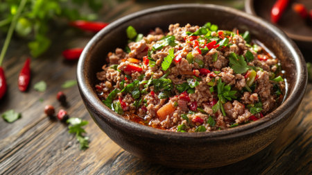 A vibrant bowl of savory spicy beef dish garnished with fresh herbs and colorful peppers, perfect for food enthusiasts and culinary inspiration.の素材