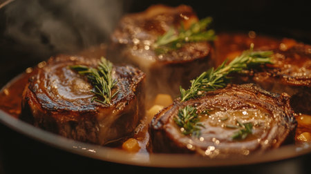 A close-up of succulent cooked meat garnished with fresh herbs, showcasing an enticing gourmet dish perfect for a luxurious dining experience.の素材