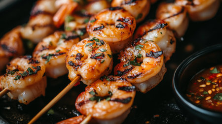 Juicy grilled shrimp skewers garnished with fresh herbs and spices, served with a flavorful dipping sauce. Perfect for summer cookouts or gourmet meals.の素材