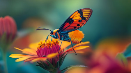 A striking butterfly rests on a colorful flower, showcasing nature's beauty. This macro image highlights vibrant colors and serene details, perfect for nature enthusiasts.の素材