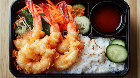 Enjoy a vibrant shrimp bento box featuring golden fried shrimp, fresh vegetables, fluffy rice, and a savory dipping sauce. Perfect for a tasty meal.の素材