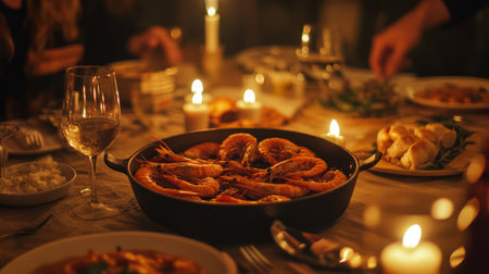 A warm and inviting dinner table featuring a platter of shrimp, complemented by candlelight and glasses of wine, perfect for a cozy gathering.の素材