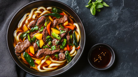 A savory bowl of beef udon soup featuring tender noodles, vibrant vegetables, and fresh herbs, perfect for a warming dinner or lunch. Enjoy the rich flavor!の素材