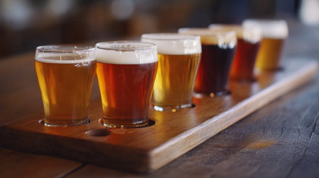 A beautiful assortment of craft beers served in a wooden tray. The diverse colors and textures create an inviting scene ideal for tasting events.の素材