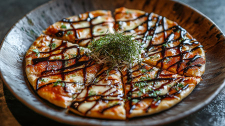 A beautifully arranged pizza featuring melted cheese and drizzled sauce, garnished with fresh herbs. Ideal for showcasing culinary delights.の素材