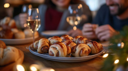 Friends enjoy a warm gathering around a plate of freshly baked pastries, with drinks in hand, creating a cozy and festive atmosphere.の素材