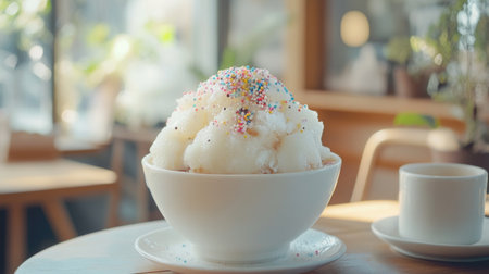 A delightful bowl of creamy dessert topped with colorful sprinkles, beautifully presented in a cozy cafe. Perfect for a sweet indulgence.の素材