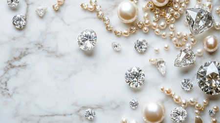 A stunning arrangement of sparkling diamonds and lustrous pearls on a smooth marble surface, perfect for luxury jewelry displays and elegant designs.の素材
