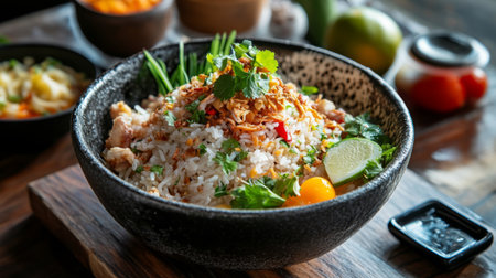 This vibrant bowl of rice features fresh herbs and garnishes, showcasing a delightful mix of flavors. Perfect for a culinary or food-related theme.の素材