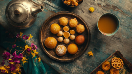 A vibrant assortment of traditional sweets served on a decorative platter, accompanied by a charming tea set, captures the essence of celebration and joy.の素材