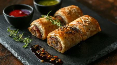 A mouthwatering display of savory rolls served with vibrant dipping sauces. Perfect for appetizers or gourmet dining experiences. Enjoy the flavors!の素材