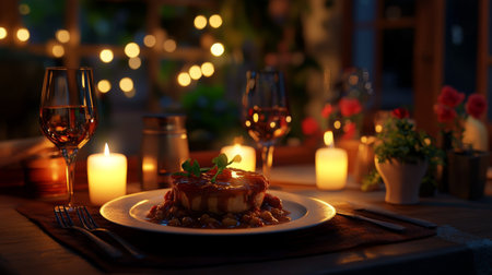 A beautifully arranged romantic dinner setting featuring a delectable dish, candlelight ambiance, and elegant glassware to create a cozy and inviting atmosphere.の素材