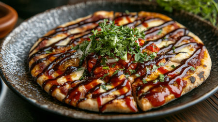 An enticing flatbread pizza topped with herbs, cheese, and sauce, perfect for food lovers seeking vibrant flavors and appealing presentation.の素材