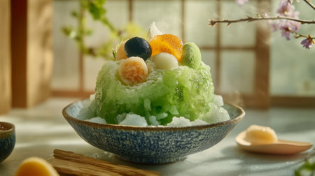 A vibrant bowl of shaved ice dessert topped with assorted fruits and colorful garnishes, perfect for a refreshing summer treat or culinary experience.の素材
