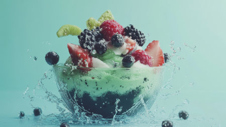 A vibrant bowl of mint ice cream topped with fresh berries, creating a refreshing summer dessert. The splash adds an artistic touch to this delicious treat.の素材