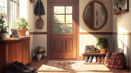 A serene entrance hall filled with natural light, featuring plants, shoes, and stylish decor, creating a warm and inviting atmosphere in a home.の素材