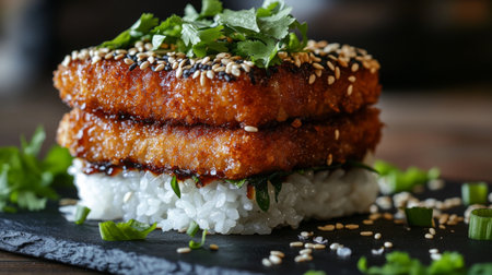 A delicious stack of crispy tofu layered on a bed of soft rice, garnished with fresh herbs and sesame seeds, creating an appetizing presentation.の素材