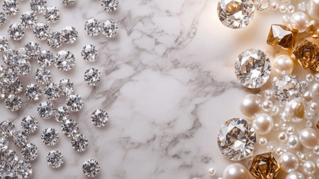 A stunning arrangement of sparkling gems, diamonds, and pearls set against a pristine marble background, perfect for luxury and elegance themes in various designs.の素材