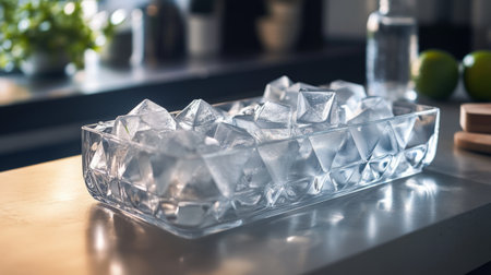 A beautiful arrangement of fresh ice cubes in a clear glass container set on a kitchen counter. Perfect for enhancing beverages and creating a refreshing atmosphere.の素材