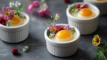 Delightful presentation of eggs with vibrant edible flowers in bowls. Perfect for culinary projects, spring recipes, or elegant dining experiences.の素材