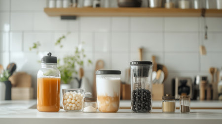 A collection of fresh ingredients stored in clear jars on a kitchen countertop, creating a vibrant and organized space for healthy meal preparation and cooking.の素材