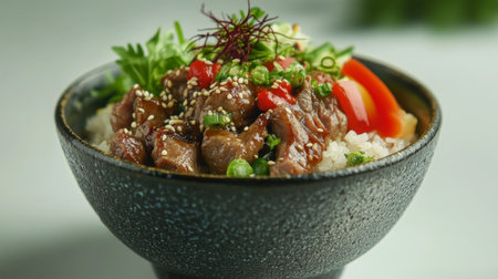 A vibrant beef bowl featuring tender beef, fragrant herbs, and fresh vegetables served over rice, perfect for a nutritious and delicious meal.の素材