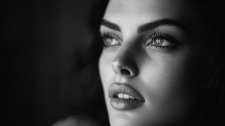 A striking black and white portrait showcasing a woman's captivating gaze and stunning features, highlighting beauty and emotion in a serene aesthetic.の素材
