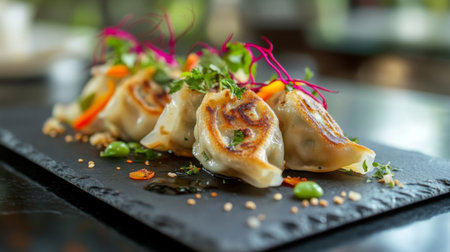 A beautifully plated serving of delicious dumplings garnished with fresh herbs and vibrant vegetables on a sleek slate plate, perfect for culinary enthusiasts.の素材