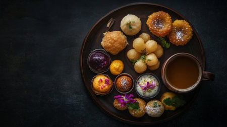 Discover a beautiful assortment of traditional Indian sweets served on a dark plate with a cup of tea, showcasing vibrant colors and intricate designs.の素材