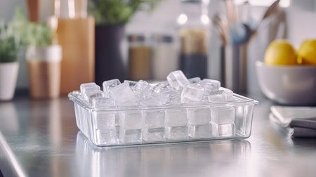 A clear glass container filled with fresh ice cubes sits on a kitchen countertop, adding a refreshing touch to any culinary creation or beverage setup.の素材