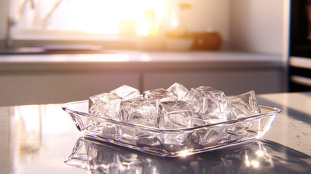 A beautiful arrangement of clear ice cubes on a glass tray, illuminated by warm kitchen light, emphasizing freshness and elegance in a modern setting.の素材