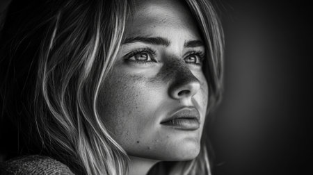 A striking black-and-white portrait of a young woman lost in thought, showcasing her natural beauty and emotional depth with a soft focus on her features.の素材