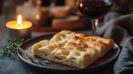 A delicious piece of focaccia bread served on a rustic plate beside a glass of red wine and a flickering candle, creating a cozy dining atmosphere.の素材