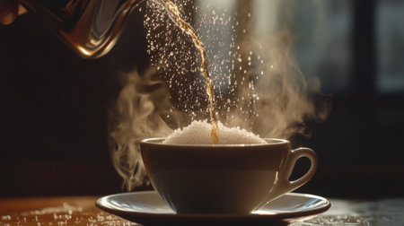 A warm cup filled with sugar showcases steam rising as tea is poured in. This cozy, inviting scene highlights the comfort of a morning ritual.の素材