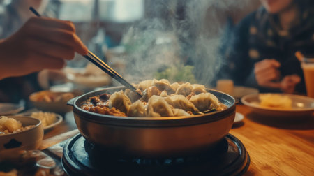 A close-up of delicious dumplings steaming in a hot pot, showcasing hands using chopsticks. Perfect for food lovers and Asian cuisine enthusiasts.の素材