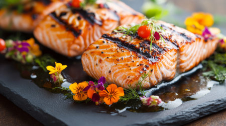 A vibrant plate of fresh grilled salmon garnished with colorful edible flowers, showcasing a healthy and gourmet dining option full of flavor.の素材