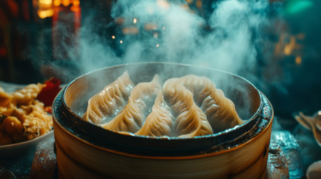 A beautiful close-up of fresh dumplings steaming in a bamboo steamer. The vibrant colors and delicious textures showcase this popular Asian cuisine, perfect for food lovers.の素材