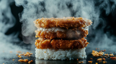 A mouthwatering stack of crispy chicken served over steamed rice with a dramatic misty background, perfect for food enthusiasts and culinary presentations.の素材