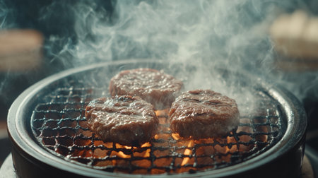Juicy burgers sizzling on a grill, releasing flavorful smoke. Perfect for food lovers and barbecue enthusiasts, capturing the essence of outdoor cooking.の素材