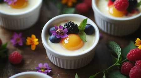 A delightful dessert featuring a creamy base topped with fresh fruits and edible flowers. This colorful arrangement is perfect for a summer treat or special occasion.の素材