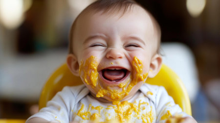 A joyful baby with a big smile enjoys a messy meal in a high chair, showcasing the playful moments of childhood and family life. Perfect for themes on parenting and happiness.の素材