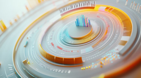 This abstract image showcases a colorful data visualization concept with circular patterns and dynamic elements, symbolizing modern technology and analytics.の素材