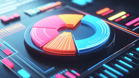 Vibrant circular diagram depicting data visualization. Ideal for technology and business presentations, this graphic showcases metrics in bright colors for impact.の素材