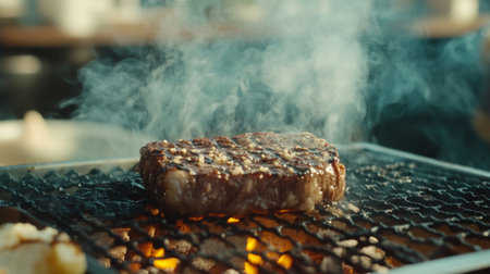Close-up of a flavorful steak sizzling on a barbecue grill, surrounded by smoke. Perfect for showcasing outdoor cooking and delicious meals.の素材
