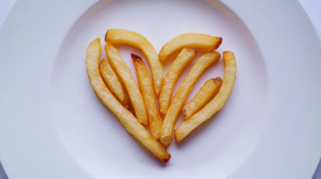 A creative heart-shaped arrangement of crispy fried potatoes on a white plate, symbolizing love for comfort food and delicious snacks. Perfect for food enthusiasts.の素材