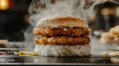 A delicious chicken burger featuring a crispy chicken patty on a fluffy rice base, steaming with flavor. A unique twist on classic fast food.の素材