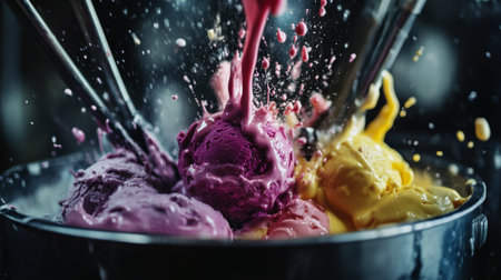 A vibrant display of colorful scoops of ice cream splashing in a bowl, capturing the excitement and joy of indulging in a delicious frozen treat.の素材
